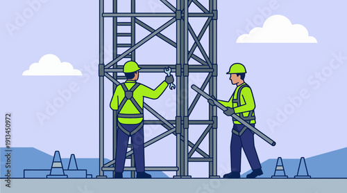 Two professional scaffolders wearing safety harnesses and helmets building a structure on site, concept for industrial safety training, civil engineering and construction site management