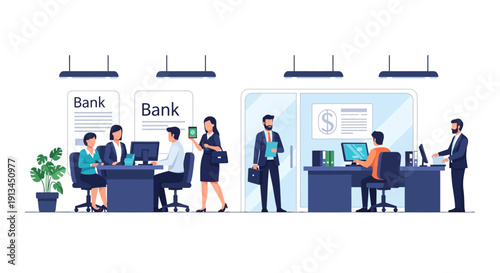 Professional Bank Office Interior Illustration. Financial Services Staff Working at Teller Desks Providing Customer Support and Consultation.