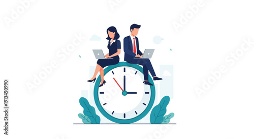 Efficient Time Management: Business Man and Woman Working on Laptops atop a Clock. Corporate productivity, project deadline, and workflow illustration.