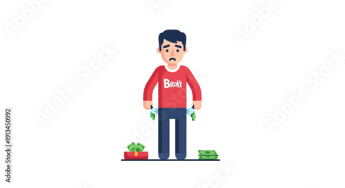 Broke Man Showing Empty Pockets. Financial Stress, Debt, and Poverty Concept. Sad Person with No Money Illustration.