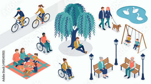 Diverse isometric people including managers and executives enjoying outdoor activities in public park with playground and pond, concept for healthy lifestyle, social map and urban planning
