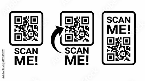 Set of three black minimalist QR code icons with Scan Me text and arrow pointer on white background, concept for digital payment marketing, mobile menu and contactless business card