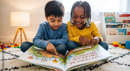 Two children reading a colorful book together sitting on the floor kids school life learn study unde