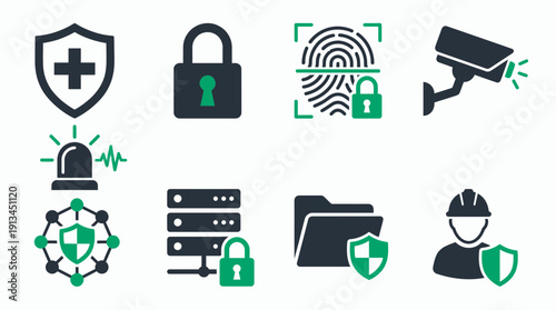 Collection of green and black security icons including shield, padlock, fingerprint, CCTV, server and security officer, concept for cybersecurity, surveillance and industrial safety management