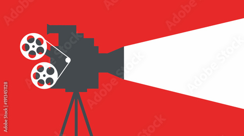 Minimalist vintage movie projector silhouette on bright red background with wide white light beam, concept for cinema promotion, film festival advertising and retro entertainment marketing