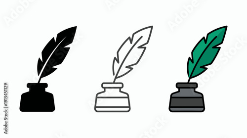 Three different styles of quill feather pen icons in inkwell bottles including silhouette, outline and colored flat design, concept for historical literature, creative writing and branding