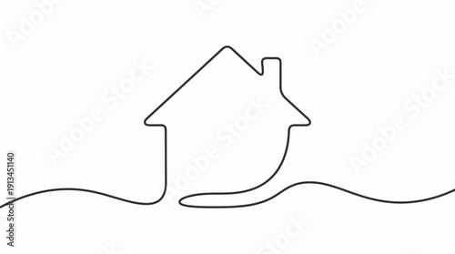 Minimalist continuous one line drawing of a simple house silhouette on white background, concept for real estate company branding, mortgage agency services and architectural property design
