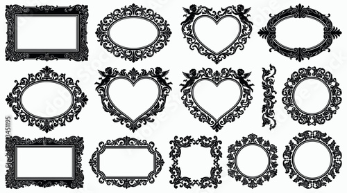 Set of vintage baroque frames with ornate floral borders and heart shapes with cherubs isolated on white background, concept for wedding invitations, antique photo displays and graphic design