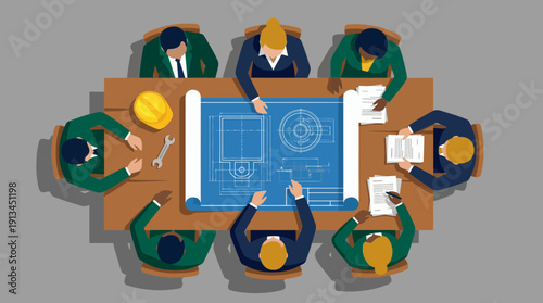 Top view of civil engineers and architects reviewing a large technical blueprint on a boardroom table, concept for construction planning, architectural development and engineering management