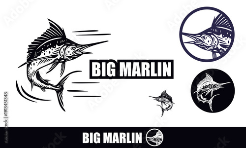 big marlin fish logo, silhouette of great sword fish jumping in sea vector illustrations