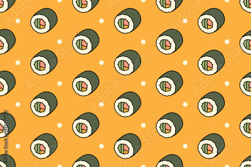Seafood sushi roll with star colorful doodle seamless pattern on yellow background for restaurant. Maki roll sushi with nori wrapped cartoon pattern background for Japanese cuisine menu and packaging