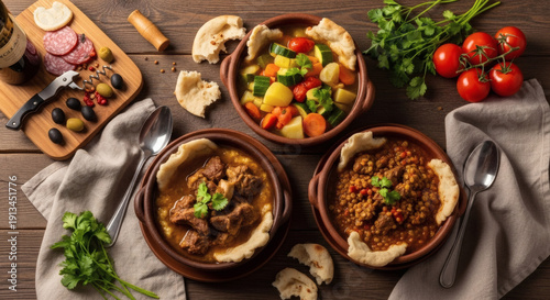 Thareed Lamb and Vegetable Stew in Rustic Clay Bowls Overhead