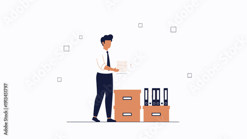 Office Worker Holding Documents, Organized Folders and Boxes
