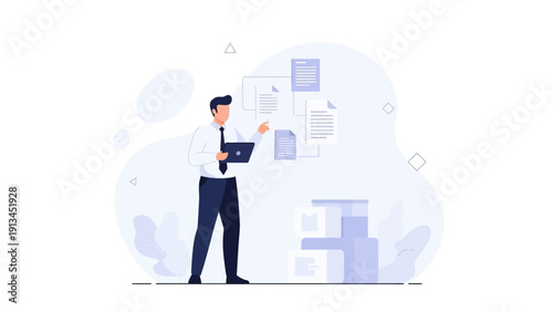 Businessman organizing documents with laptop and printer, office workflow concept