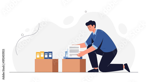 Man Organizing Documents and Boxes for Storage or Moving