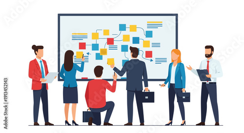 Agile Business Team Collaboration: Project Strategy Mapping, Workflow Planning, and Process Flowchart on Whiteboard