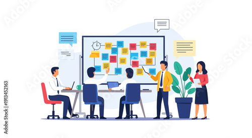 Business Team Collaboration on Kanban Board. Agile Project Management, Brainstorming, and Workflow Planning Meeting.