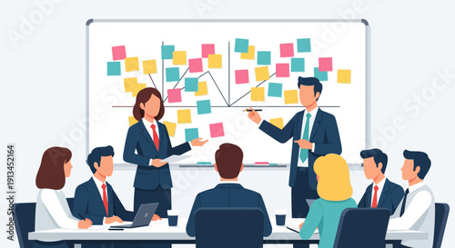 Agile Brainstorming Workshop: Business Presenters and Team Discussing Strategy using Sticky Notes on Whiteboard