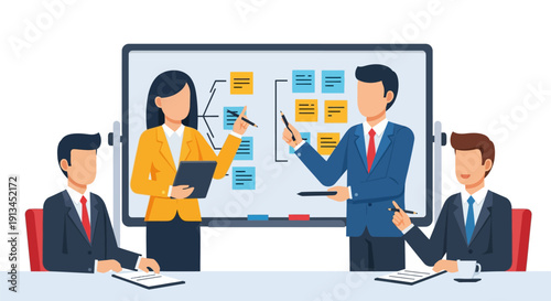 Business Team Presentation & Strategic Planning. Corporate Meeting, Brainstorming, and Workshop Illustration.