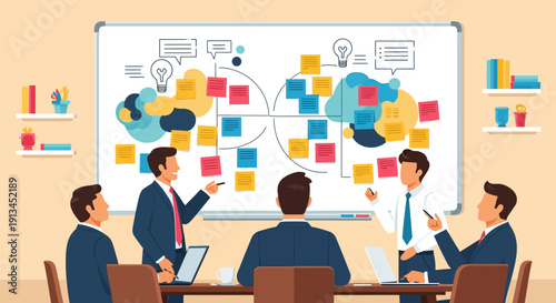 Business Team Collaboration and Strategy Brainstorming Workshop with Sticky Notes on Whiteboard