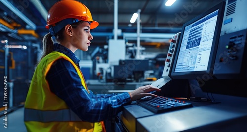 An engineer wearing a reflective vest and hard hat stands in a smart factory