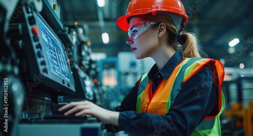 An engineer wearing a reflective vest and hard hat stands in a smart factory