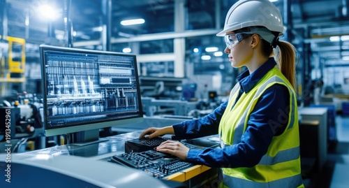 An engineer wearing a reflective vest and hard hat stands in a smart factory