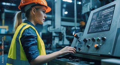 An engineer wearing a reflective vest and hard hat stands in a smart factory