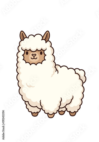 Adorable cartoon alpaca illustration with soft, fluffy white wool and a sweet expression, perfect for children's designs, playful branding, or charming animal-themed projects