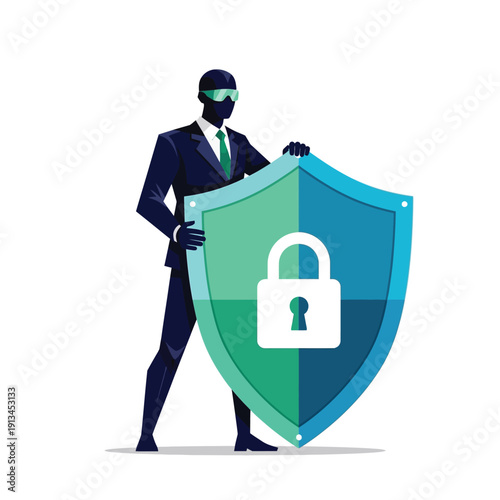 Man in a suit holding a shield with a padlock symbol, representing security and protection of data and digital assets