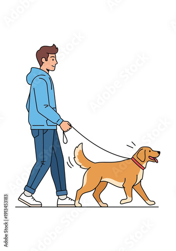 A cheerful illustration of a young man enjoying a healthy outdoor lifestyle while walking his loyal Golden Retriever on a leash, symbolizing active companionship and dedicated pet care