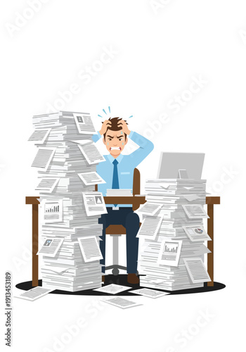 Overwhelmed office worker drowning in a huge stack of documents and paperwork, feeling stressed and frustrated at his desk