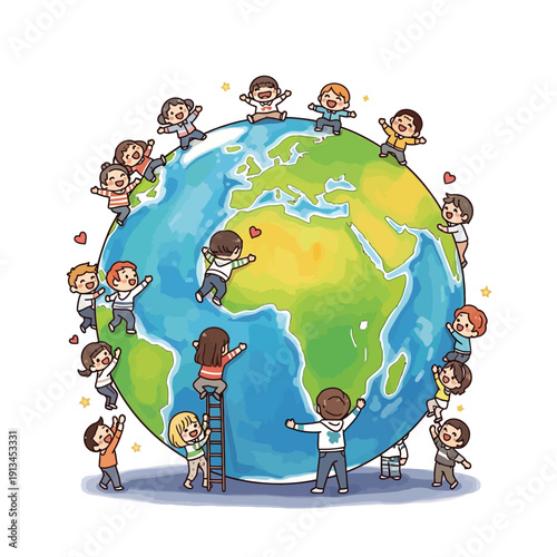 Happy diverse children hugging and playing on a cartoon globe representing world unity and peace
