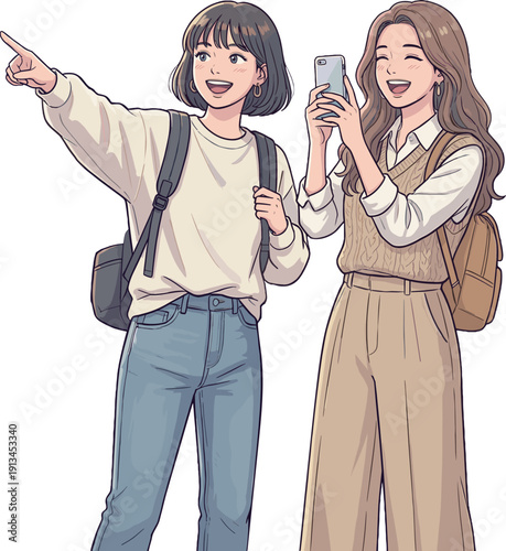 スマホで撮影しながら指さす女性二人組