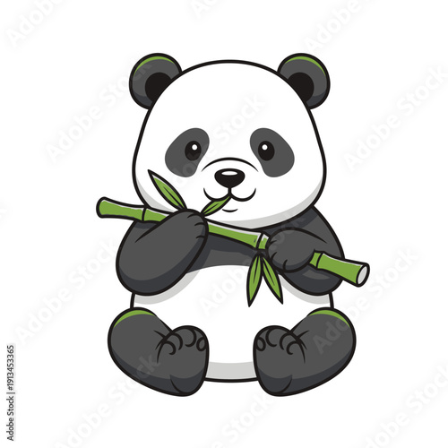 Charming cartoon illustration of an adorable baby panda cheerfully enjoying a fresh bamboo snack, capturing its innocent and playful nature in a delightful vector graphic