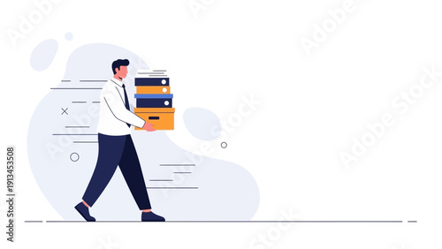 Man Carrying Stack of Document Files, Office Workload Concept