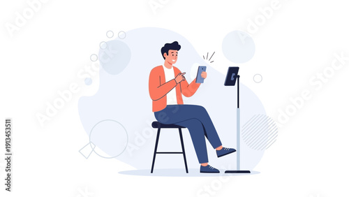 Man creating digital art on tablet, sitting on stool, modern illustration