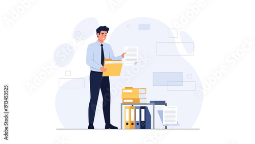 Businessman Organizing Documents and Files in Office