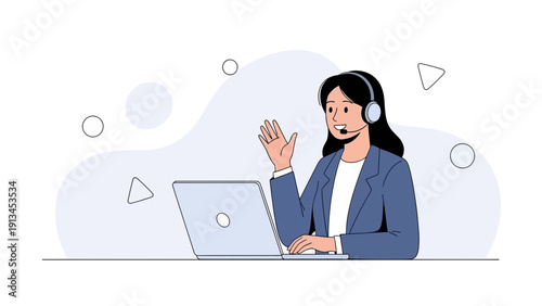 Customer service representative with headset and laptop, waving hello