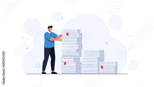 Overwhelmed businessman with huge stack of documents, workload concept
