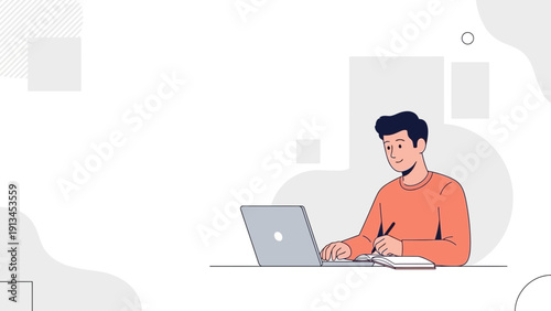 Young man working on laptop and taking notes, modern flat illustration
