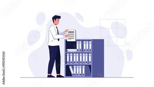 Business Man Organizing Files in Office Cabinet