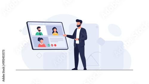 Man leading a video conference call with remote team members on a tablet