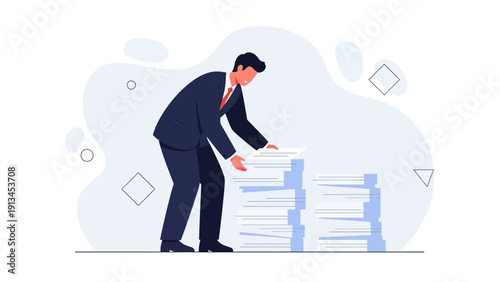Businessman Organizing Stacks of Paperwork