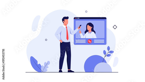 Man video conferencing with woman, modern business communication concept