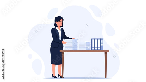 Businesswoman organizing stacks of documents and binders on a desk