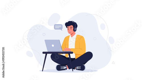 Man Working on Laptop with Headphones and Chat Bubble