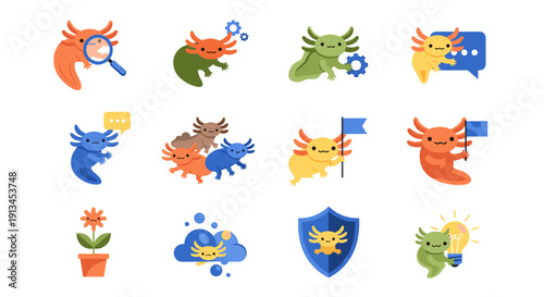 Axolotl mascot vector icons set. Flat colorful mexican walking fish characters for business, startup, and technology including search, chat, idea, security, and settings symbols.