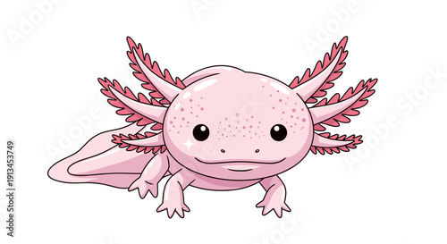 Cute pink axolotl vector illustration. Happy mexican walking fish cartoon character with smile. Adorable amphibian mascot for kids, nursery, or educational design.