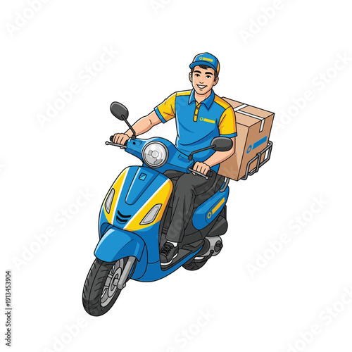 Delivery man on a scooter with a package, providing quick and efficient shipping services for various goods